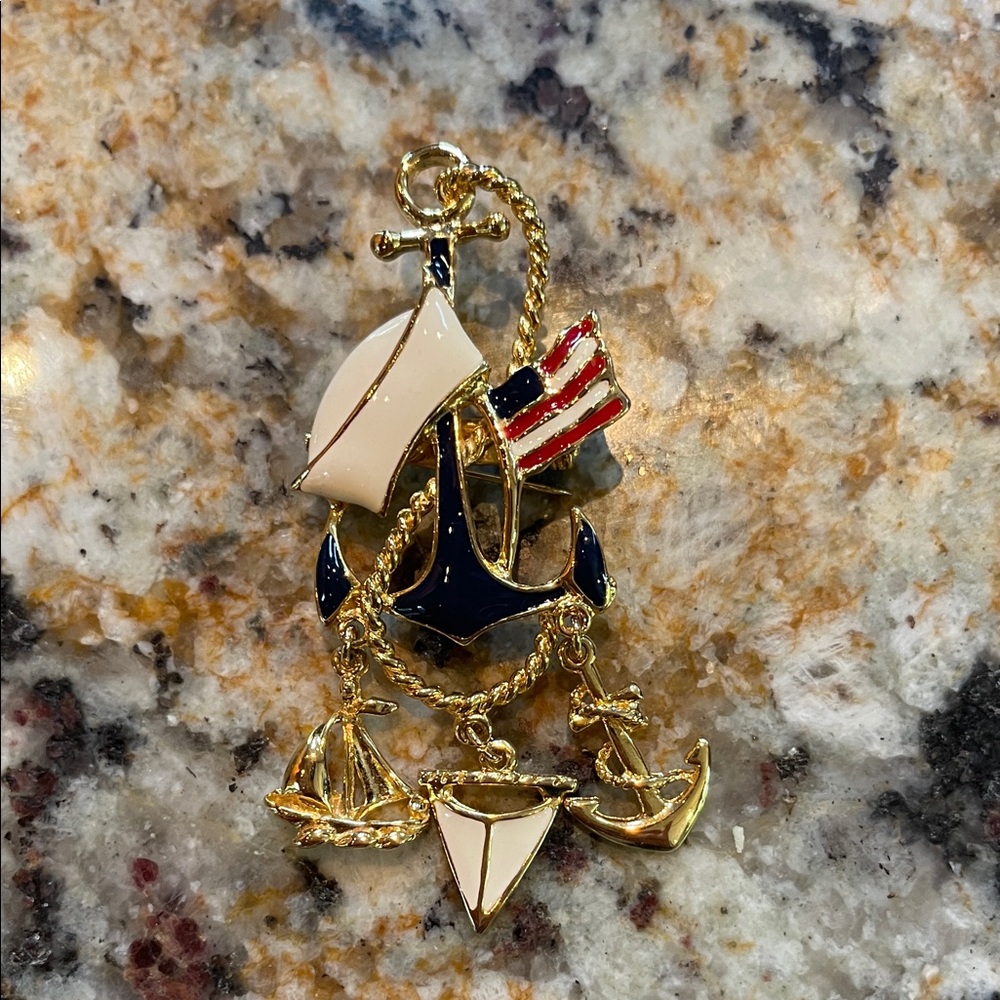 Source Unknown Gold and Navy Nautical Brooch